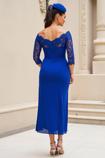 Royal Blue Off The Shoulder Sheath Appliqued Mother Of The Bride Dress With Slit
